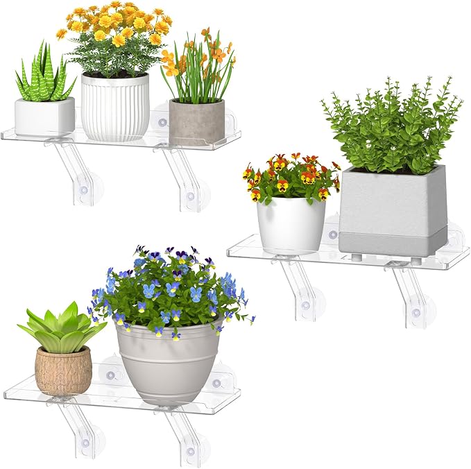 Lifewit 6" Extra Wide & Strong Window Plant Floating Shelves 3 Pack, Heavy Duty Acrylic Suction Cup Shelf, Sill Extender for Succulent Plants, Seed Starter Pots, Herb Planters 38 x 15 cm/15.2x6