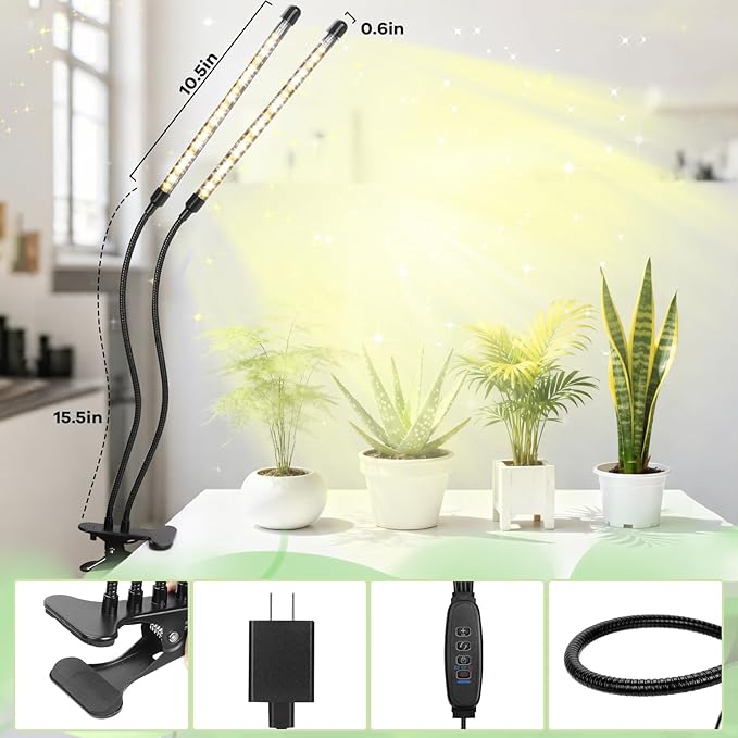 Led Grow Lights, 2 Heads Full Spectrum Plant Light with Clamp for Indoor Plants & Seed Starting, 10-Level Dimmable, Auto On Off, Timing 3 9 12Hrs