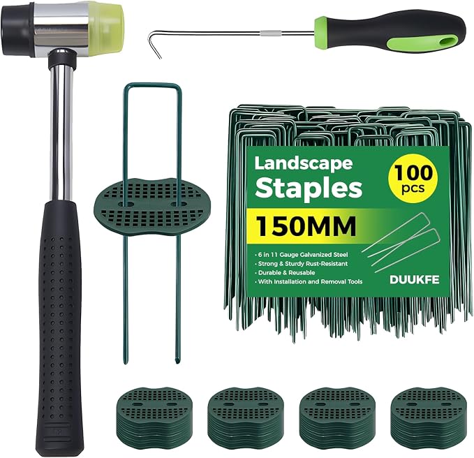6 Inch Landscape Fabric Staples, 100Pcs Garden Stakes Galvanized +100Pcs Gasket +Pick Hook +Rubber Mallet, U Shaped Weed Barrier Stakes 11 Gauge Lawn Staples Landscape Pins for Yard, Sod, Weed Mat