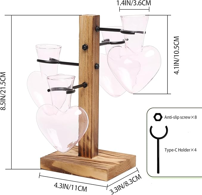 Plant Terrarium Propagation Stations with Wooden Stand | Glass Vase for Indoor Hydroponics Home Garden Office Decoration Gift for Women - 4 Love Bulb Vase