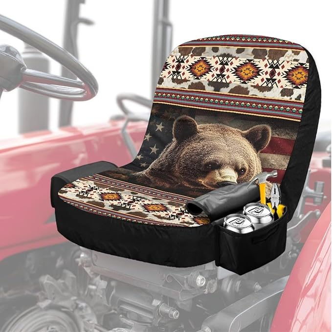 Aztec Bear Riding Lawn Mower Seat Cover Washable Seat Covers for Riding Lawn Mower Non Slip Tractor Accessories for Farm Compatible with Craftsman Cub Cadet Kubota