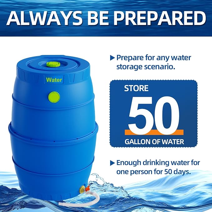 50 Gallon Blue Water Storage Barrel, BPA-Free Rainwater Collection Drum with Spigot, Stackable UV-Resistant Durable PP (Polypropylene) Barrel for Emergency Drinking Water & Gardening | Non-collapsible high-density space-saving hydration backup system w...