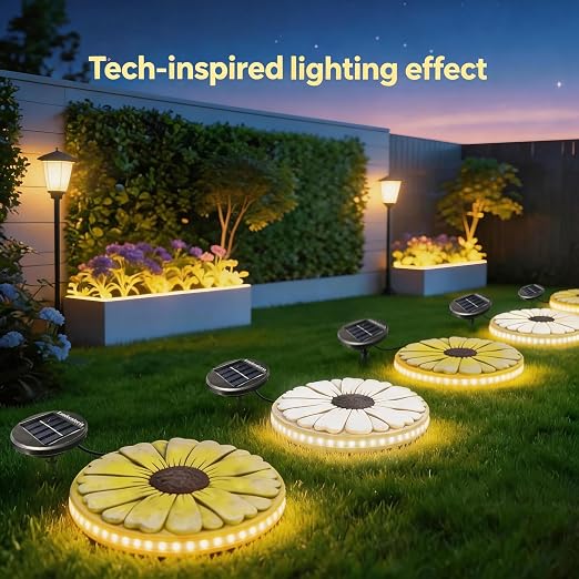Solar Stepping Stones that Light Up at Night, 2 Pack 10" Cement Daisy Flower Garden Path Stone, Non-Slip Weather-Resistant Outdoor Yard Walkway Decor (White)