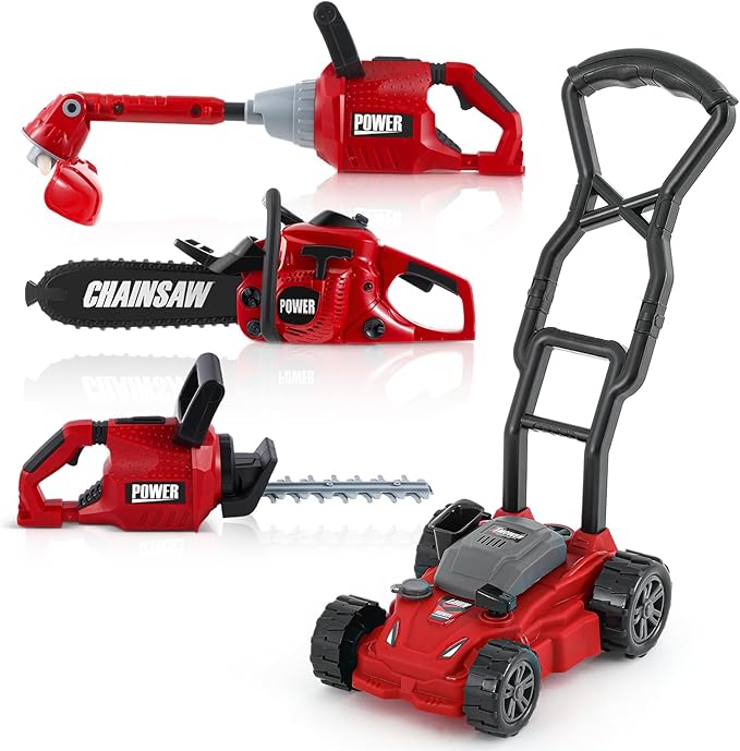 Arrowbash 4 Pcs Toy Gardening Tool Set for Kids Toy Weed Trimmer Chainsaw Hedge Trimmer Push Lawn Mower Battery Role Play Set Christmas Birthday Party Gift for Boys Girls