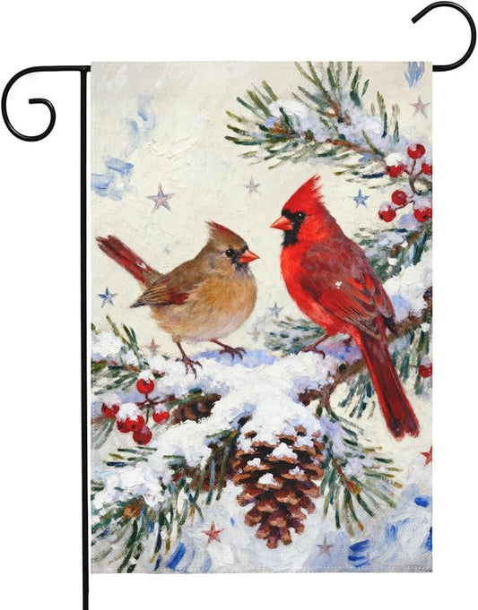 Winter Cardinal Garden Flag 12x18 Inch Pinecone Twigs Holly Berry Christmas Holiday Decorative Yard Flags for Outside Double Sided Seasonal Outdoor Home Farmhouse Decoration Porch January Decor