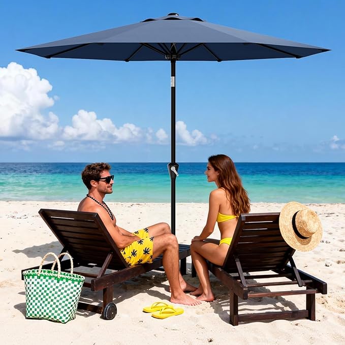 GarveeLife 9FT Umbrella Outdoor Patio, Table Umbrella with Push Button Tilt and Crank, 8 Sturdy Ribs Waterproof UV Protection for Garden, Pool, Deck, Backyard, Market (Navy)