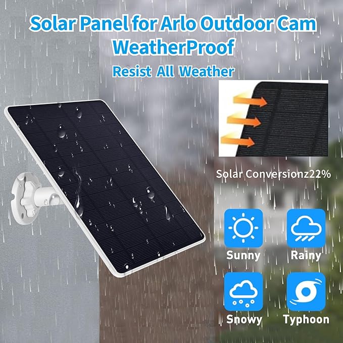 Solar Panel Charger for Arlo Essential 2K Outdoor(2nd Gen)/Essential XL Camera(2nd Gen)/Essential Spotlight, USB C and Micro USB Plug, 9.8ft Cable, Weatherproof (1Pack)