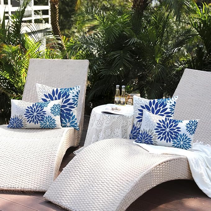 DFXSZ Blue Flower Pillow Covers 12x20 Inch Set of 2 Dark and Light Blue Colored Pillow Outdoor Waterproof Decor for Patio Funiture Garden Summer Floral Square Polyester pillowcovers 002E12