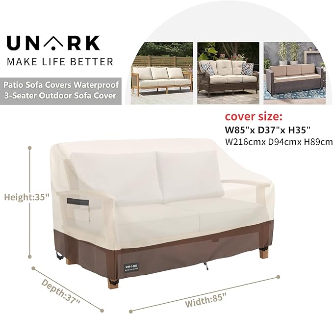 Patio 3-Seater Sofa Cover, 3 Seater Outdoor Couch Cover Waterproof Couch Covers Fits up to 85W x 37D x 35H Inches, Waterproof Heavy Duty Patio Furniture Covers, Beige and Brown