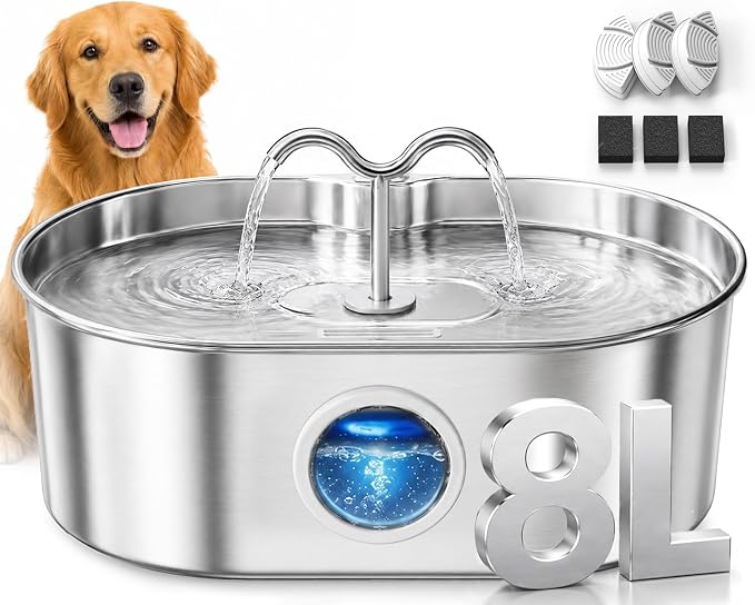 Dog Water Fountain, 270 oz / 2 Gallon / 8 L Stainless Steel Water Fountain for Indoor Multi-Pet Homes, Automatic Water Dispenser for Dogs & Cats, 3 Filters & Sponges Included