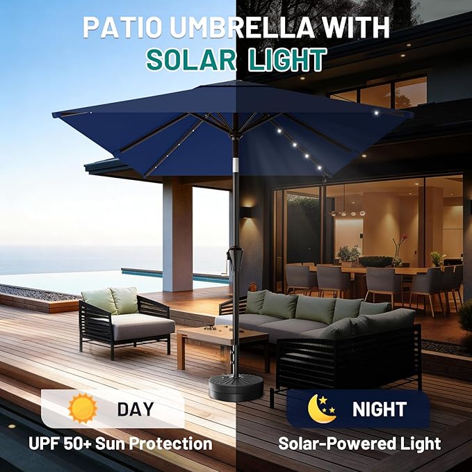 AreShark 6.5' x 10' Rectangular Patio Umbrella with Solar Lights, Solar Powered Lighted Market Umbrella w/Tilt and Crank, Outdoor Table Umbrella for Garden, Deck, Backyard, Pool and Beach, Navy