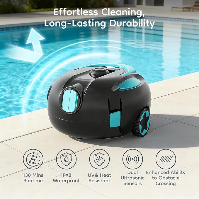 Robotic Pool Cleaner, Powerful Robotic Cleaner with Dual Suction Inlets, Cordless Automatic Pool Cleaner for In-Ground & Above Ground Pools, 130-Min Runtime, Lightweight Design with Auto Park Feature