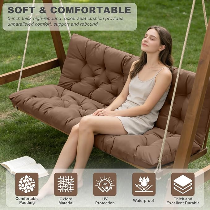 Porch Swing Cushions,Outdoor Cushions 3 Seater Replacement with Backrest, Waterproof Thickened Bench Cushion with Ties for Porch, Patio,Outdoor, Backyard and Garden (Coffee 47 * 40 in)