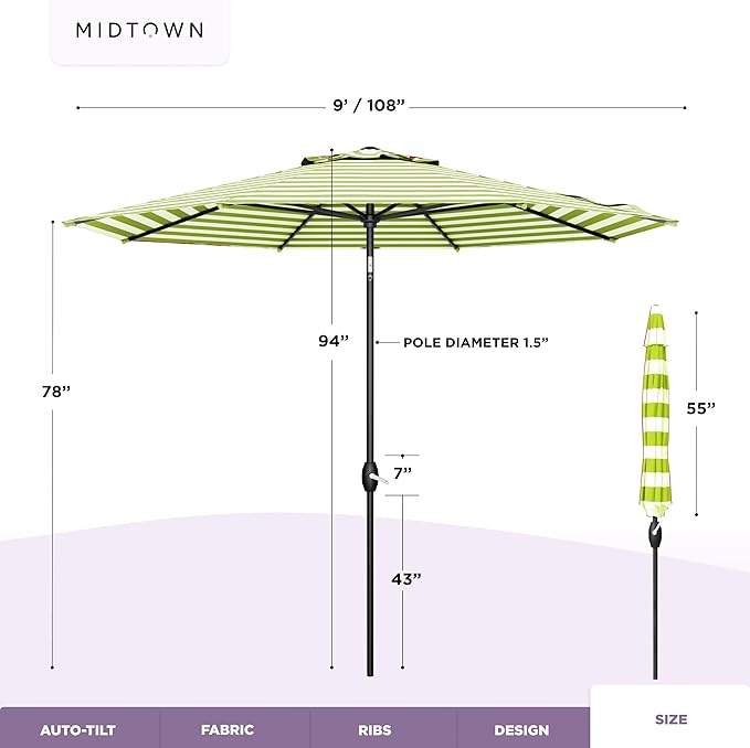 Midtown Umbrellas - 10-Year-No-Fade 9 Ft Patio Umbrella with Terylast Fabric, Auto-Tilt Aluminum Frame and 8 Reinforced Ribs for Deck, Pool, Garden & Beach - Green/White Stripes Canopy, Black Pole