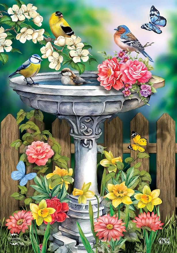 Birdbath in Bloom Spring House Flag 40" x 28" Briarwood Lane