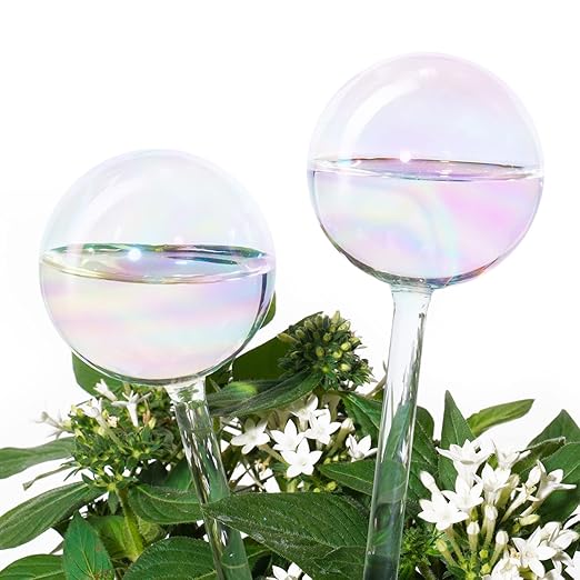 Tomorotec [2 PCS] Light Iridescent Rainbow Gradient Color Clear Glass Self-Watering System Spikes, Automatic Plant Waterer Bulbs