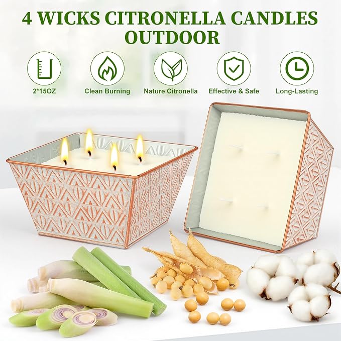 Citronella Candles Outdoor –Large Citronella Candle 30oz 4 Wicks 180-Hour Burn Time, Outdoor Candles for Patio, Backyard, Home, Balcony, Camping, Emergency & Survival