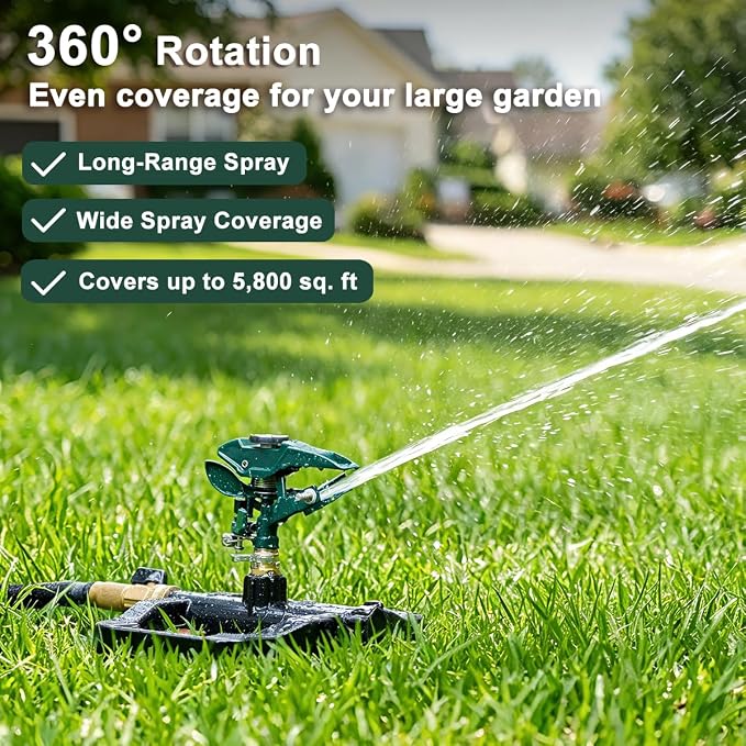FANHAO Heavy Duty 360 Degree Pulsating Impact Sprinkler, Adjustable Lawn Sprinkler with Metal Base, Covers Up to 5,800 Sq. Ft, Large Area Irrigation System for Lawn, Garden Plant & Patio Cooling