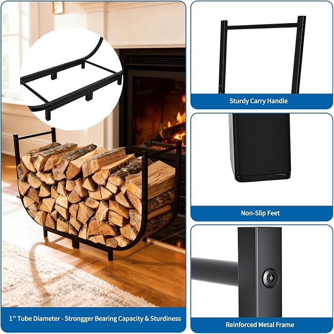 Firewood Rack Outdoor w Thicken Cover, 40 Inch Indoor Large Firewood Rack-Stable Curved Firewood Storage Heavy Duty & Rustproof Metal Log Holder w Hook for X-mas Decoration or Tools Nearby Fireplace