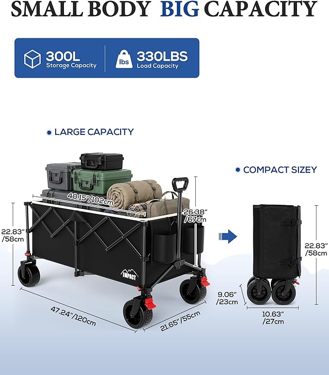 47" Collapsible Wagon Cart Foldable 300L Capacity Compact Folded Size | 330 lbs Heavy Duty Utility Wagon, Removable Fabric & Wheels, Cup Holders, For Shopping Camping Sports Moving