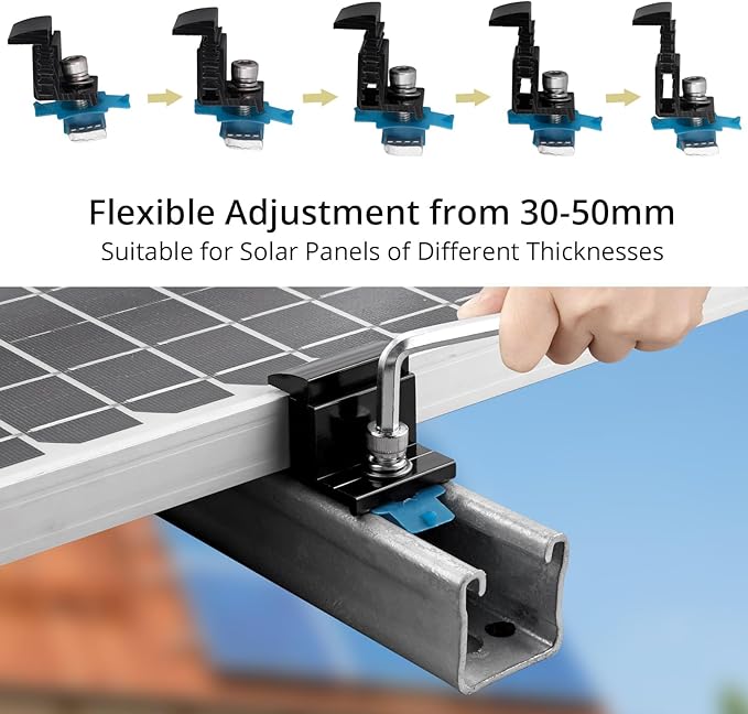 Anbte 10pcs Adjustable Solar Panel End Clamp for Unistrut, 30-50mm Aluminum Solar Panel Mounting Brackets with Nuts Bolts and Wrench, for Metal Roof, Tin Roof, Flat Roof, Sheet Roof, RV, Black
