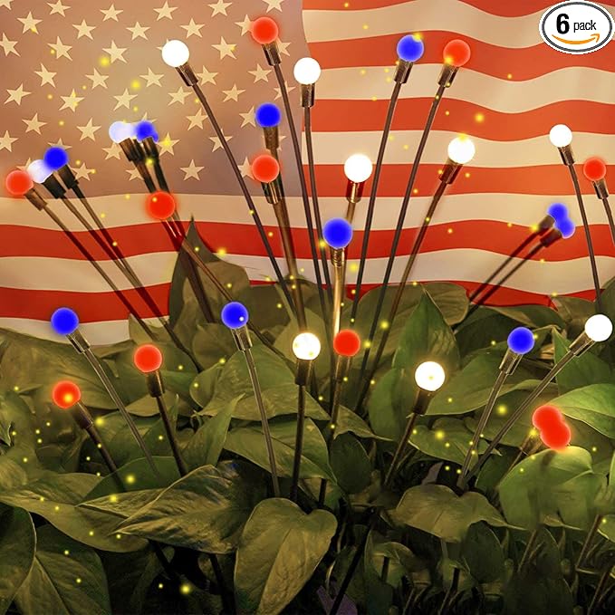 OZS 6 Pack Solar American Flag Lights - 4th of July Solar Garden Outdoor Waterproof Firefly Light for Memory Day, Independence Day, National Day Decoration (Red White Blue)