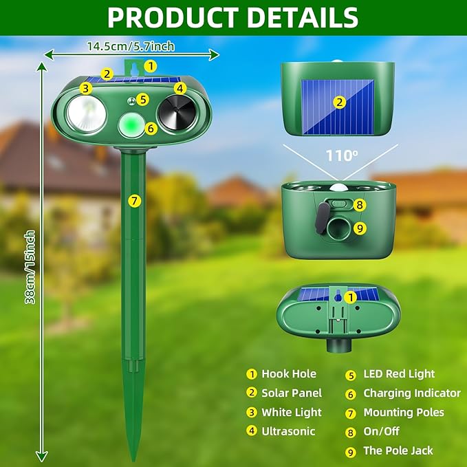 2026 4Pack Sonic Fortress Pro Deer Repellent Outdoor Solar Ultrasonic Animal Repellent with Motion Sensor&Flash Light, IP65 Waterproof Squirrel Fortress Pro Raccoon,Cat Repellent for Garden,Yard