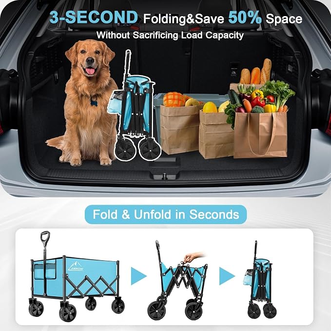 Collapsible Folding Wagon Cart, 350LBS Utility Large Capacity Cart Foldable Wagon with All Terrain Wheels, Grocery Wagons Carts for Garden Shopping Sports Camping, Light Blue