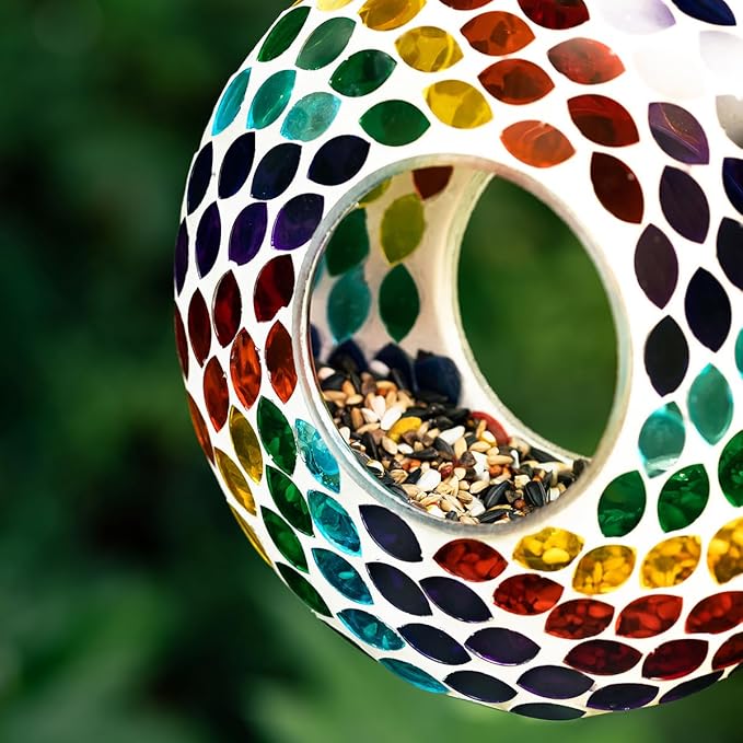 Glitzhome Hanging Glass Bird Feeder, 8" D Round Multi-Color Birdfeeder for Outside Hanging, Mosaic Wild Bird Feeder for Garden, Yard, Backyard, Deck and Porch Decorations