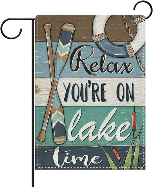 Dyrenson Relax You're on Lake Time Theme Decorative Garden Flag, Spring Summer Lakehouse Paddle Life Buoy Yard Outside Home Decorations, Farmhouse Burlap Outdoor Small Decor Double Sided 12 x 18