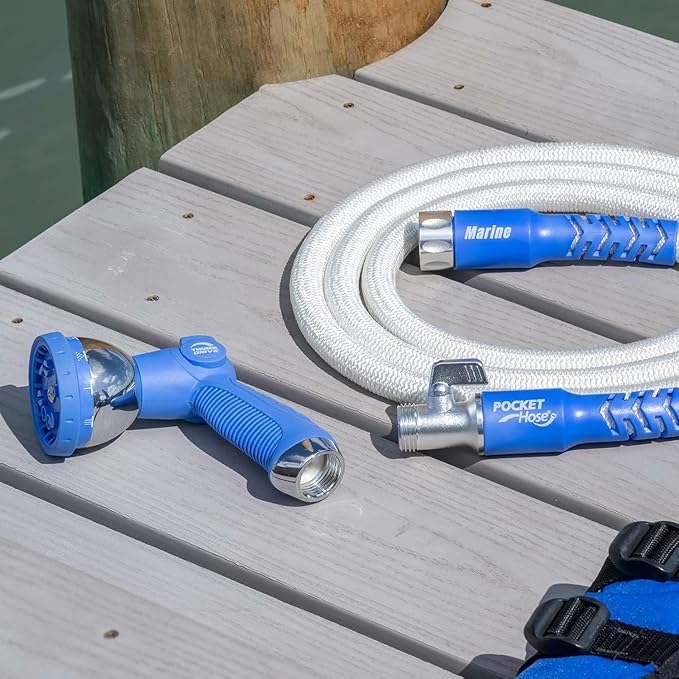 Pocket Hose 100 ft Expandable Garden Hose for Marine & RV Use – Drinking Water Safe & Lead-Free, 3/4” Lightweight No-Kink Hose with On/Off Valve, 10-Pattern Sprayer & Storage Bag