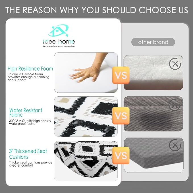 idee-home Outdoor Chair Cushions Set of 2, 19" x 19" x 3" Thick D-Shaped Patio Furniture Outdoor Seat Cushions Waterproof with Ties, Dining Pads