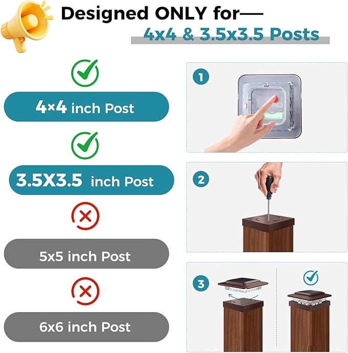 kolpop 4x4 Solar Post Cap Lights Outdoor 4Pack- 3 Color Temperatures&2 Level Brightness, IP65 Waterproof, 16 LED Fence Deck Post Light Solar Powered Only for 4×4/3.5×3.5 Wood/Vinyl Posts(Brown)