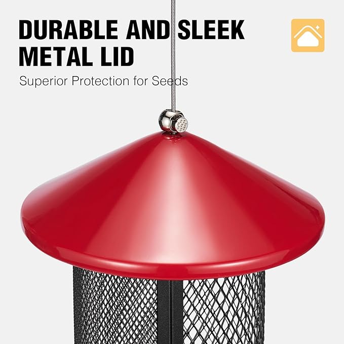 Veehoo Metal Bird Feeder for Outdoors-Dual Seed Chambers & Wild Bird Feeder Hanging Bird Feeder for Outside, Mesh Tube Feeder with Weatherproof Roof for Cardinal Bluebird Finch, Red