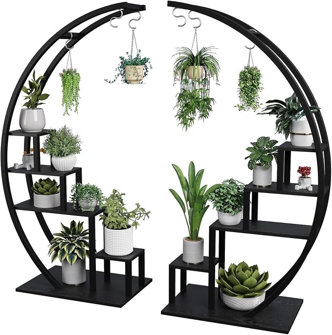 IDEALHOUSE 2 Pack 5 Tier Tall Indoor Plant Stand, Metal Half Moon Tiered Flower Rack, Space-Saving Design with 6 Hangers for Multiple Plants Display, Decorative Shelf for Home & Outdoor,Brown