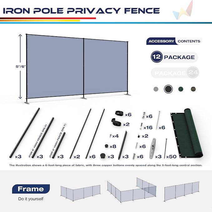 Windscreen4less Outdoor Privacy Fence Screen, 5'x57' Freestanding Privacy Fencing Set with Iron Poles and Ground Spikes, UV Resistant Mesh Cover Garden Pet Fencing for Backyard Patio Pool, Green