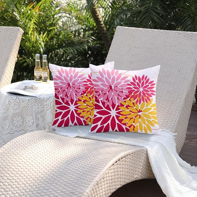 DFXSZ Outdoor Pillow Covers - 20x20 Inch Set of 2 Pink Yellow Flower Decorative Waterproof Summer Pillow Covers for Patio Furniture, Garden Couch