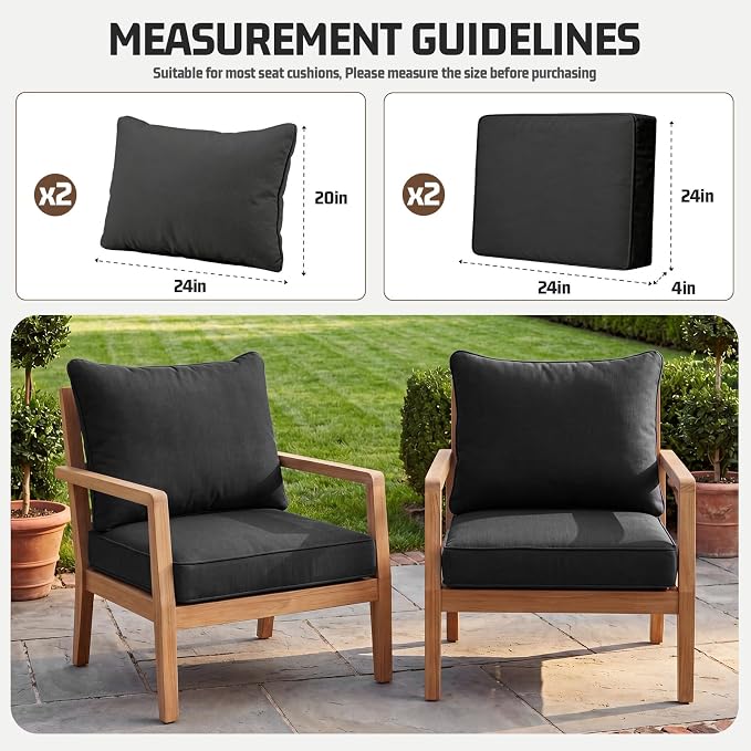4pcs Outdoor Patio Cushion Covers Replacement, 24" Zippered Outdoor Cushion Covers Waterproof, UV Resistant & Washable Patio Furniture Cushion Covers Waterproof for Patio Sectional, Black