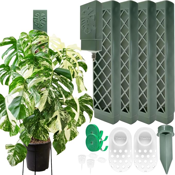 4 Psc 9 Inch D Shaped Moss Pole with Watering Dripper, Plastic Moss Poles for Climbing Plants, Sturdy Monstera Plant Support, Self Watering Moss Pole Kit for Plants Indoor(Green)