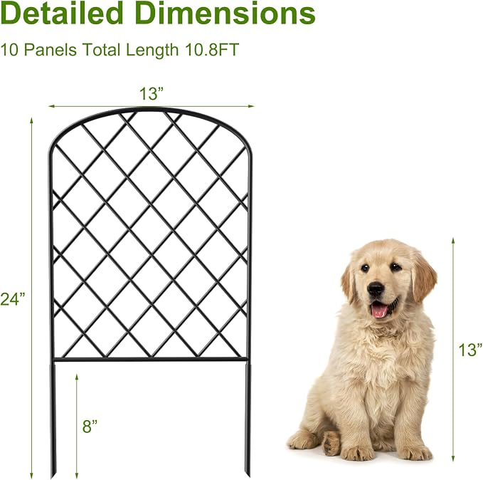 10-Pack Decorative Garden Fence, 24in(H) x 10.8ft(L) Rustproof Metal Diamond Grid Panels – Animal Barrier & Landscape Border for Temporary Fencing Yard, Patio, Flower Beds, and Outdoor Decor