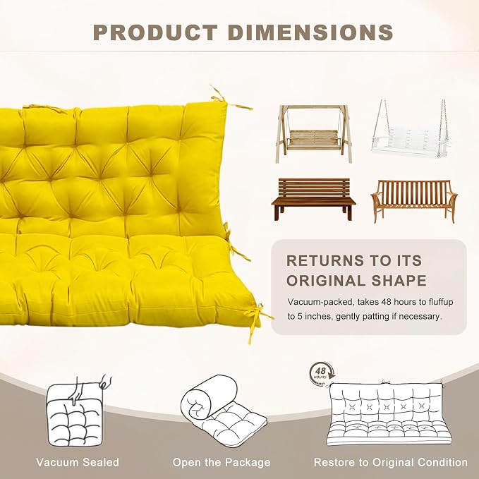 Porch Swing Cushion with Backrest, Waterproof Bench Cushion for Outdoor Furniture, 2-3 Seater Replacement Thickened Swing Cushion with Ties, Patio,Outdoor, Backyard and Garden (Yellow,47x40in)
