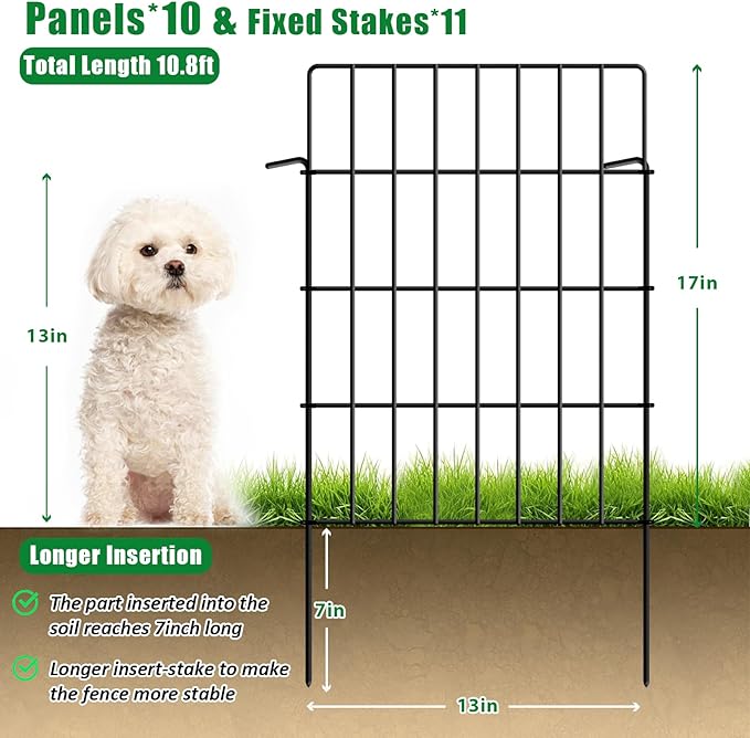 10 Pack Garden Fence Animal Barrier Fencing 1.44 inch Spacing Total 10.8ft (L) x 24in High Rustproof Metal Wire Yard Blocker Dog Fences Border for Outdoor Flower Bed Landscape Fencing Decor Black