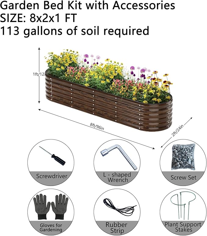 ZFHgarden Galvanized Metal Planter Round Raised Garden Bed Kit for Gardening Outdoor Garden Box Raised Flower Bed 1PC Wooden Color 8X2X1FT