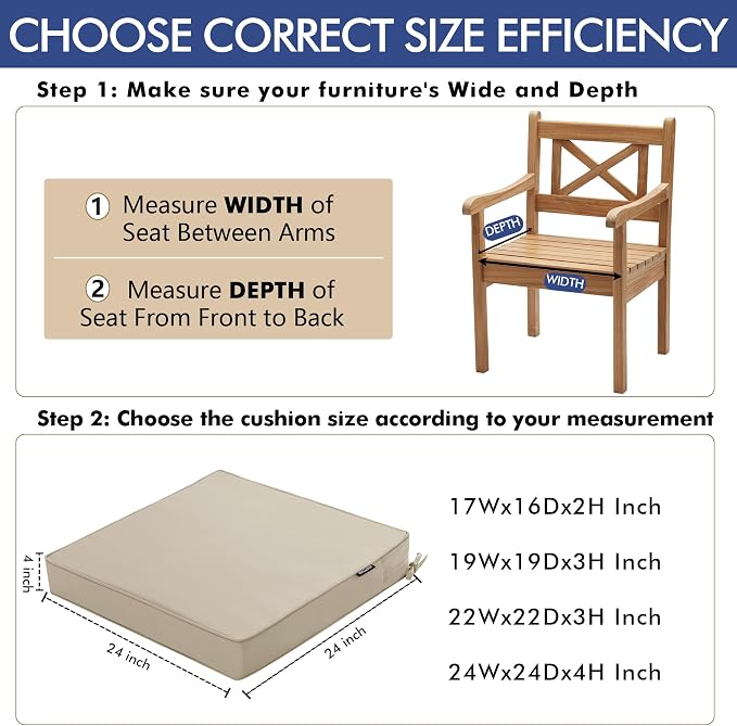 Outdoor Chair Cushions 24 x 24 Inch Water Resistant Patio Chair Cushions with Tie Color Fastness Thick Outdoor Seat Cushion for Garden Lawn Patio Furniture Cream Set of 2