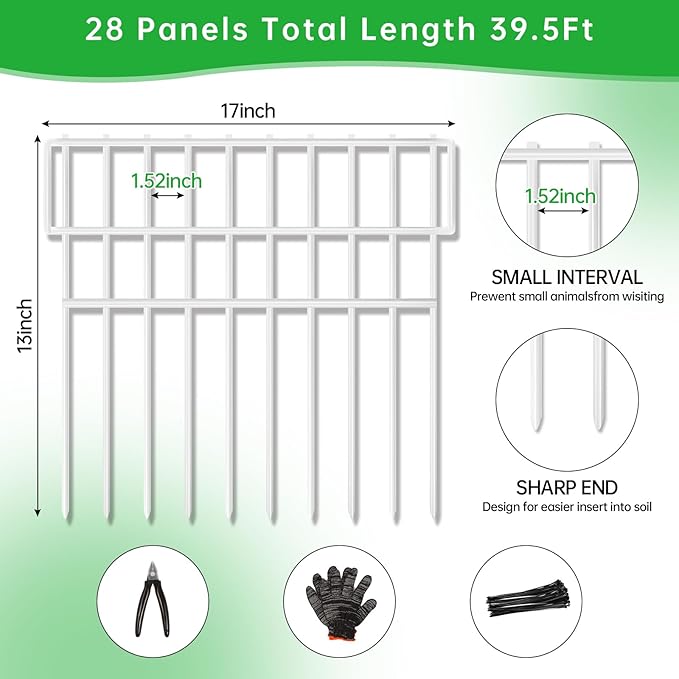 39.5ft(L) X 13in(H) Animal Barrier Fence, 28 Panels No Dig Fence for Dogs, 1.52IN Gap Anti Digging Dog Barrier, Rustproof Metal Garden Edging Border Defense for Outdoor, Yard, Lawn, White