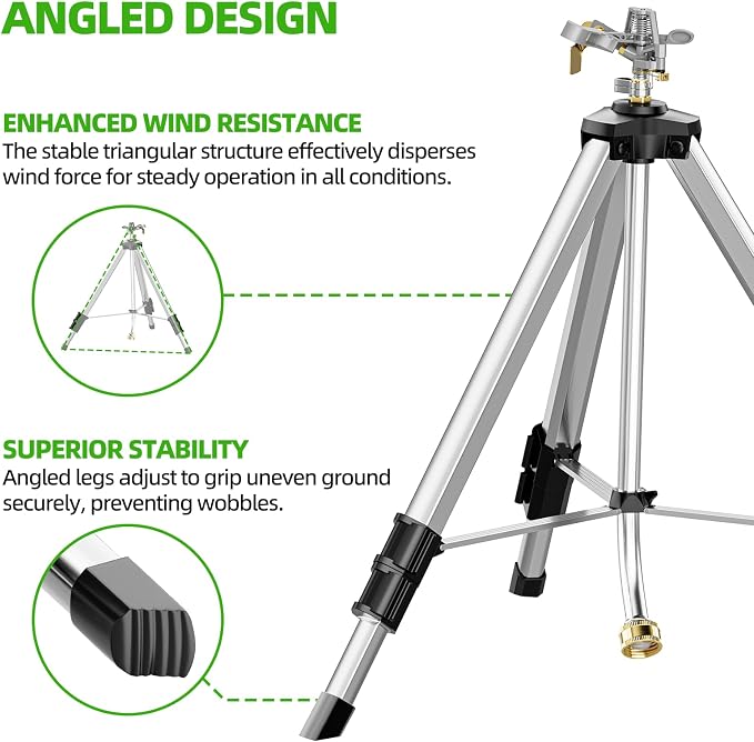 SPECILITE Brass Impact Sprinkler on Tripod Base, 50” Heavy Duty Metal Pulsating Telescoping Sprinkler, 360 Degree Irrigation for Large Area, Yard, Lawn, Waters up to 90ft, Covering up to 6360sqft