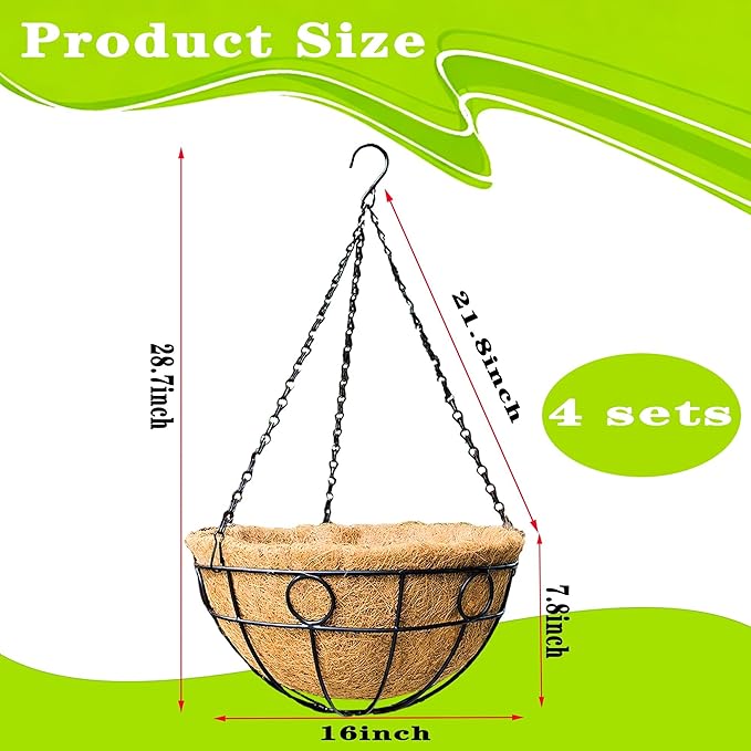 4 Pack 16" Round Metal Hanging Basket for Outdoor Plants Durable Large Hanging Planter with Coco Coir Round Plant Holders Planter for Outside Garden Decoration (Circular)