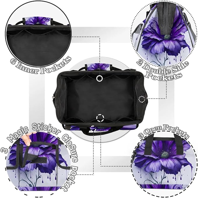 15 Inch Tool Bag 14-Pockets Tool Box Organizer for Men Big Floral Purple Tool Tote Bag Waterproof Toolbox with Shoulder Strap Heavy Duty Garden Tool Organizer for Mechanic