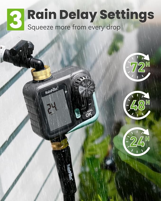 RAINPOINT Sprinkler Timer for Garden Hose - Hose Timer with Cycle & Soak/Rain Delay/Automatic Watering/Manual Watering, Programmable Irrigation System with Large Display for Lawn, Yard, Brass Inlet