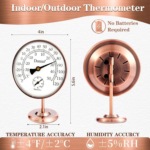 4" Indoor Outdoor Thermometer Hygrometer, Analog Temperature Humidity Gauge with Stand, Antique Copper Tabletop Decor for Home, Bedroom, House, Greenhouse, Battery-Free, Dual Scale(℃/℉)